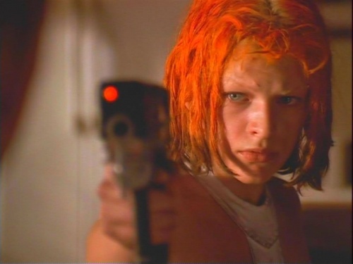 Fifth Element Frame with Leeloo pointing gun at Dallas and saying "Ecto Gammat" meaning "Never without my permission"